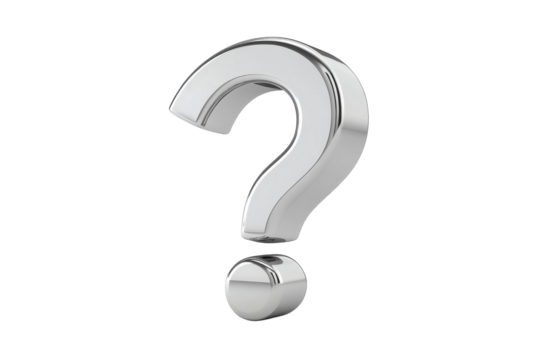A shiny metal question mark suspended in the air, reflecting light in an abstract setting isolated on transparent background