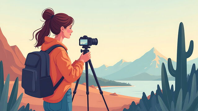 woman records daily vlogs camera mounted tripod travel