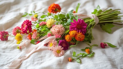 Bright Bouquet of Colorful Chrysanthemums and Greenery