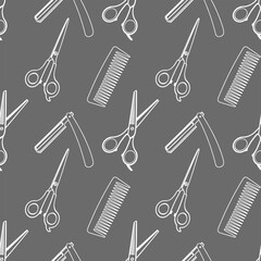 Seamless pattern with hairdresser tools. Barber shop tools pattern. Scissors, razor, comb background.