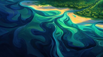   A painting depicts a body of water with a forest on one side and another body of water on the opposite side