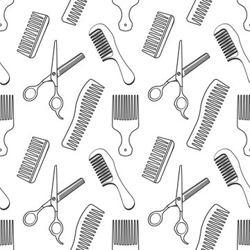 Seamless pattern with hairdresser tools. Barber shop tools pattern. Scissors, razor, comb background.