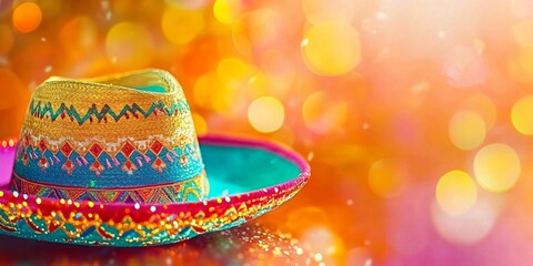 A colorful hat with a gold band sits on a table. The hat is decorated with a variety of colors and patterns, giving it a festive and lively appearance