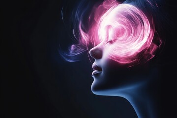 Futuristic female with neon swirl around face in dark atmosphere