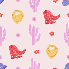 Seamless pattern with cowboy elements. Cowgirl boots and hat, bandana, cactus. Wild west, western retro design. Pink background. Hand drawn vector illustration