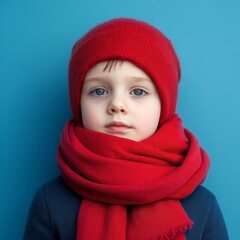 Young child wearing warm red scarf and hat against bright blue background during winter season