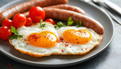 Delicious breakfast with heart shaped fried eggs and sausages on dark gray table