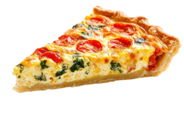 Delicious slice of fresh tomato and spinach quiche served on a clean white plate isolated on transparent background