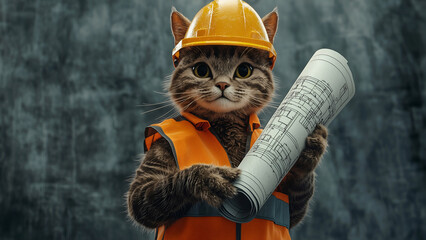 A hardworking construction worker cat wearing a yellow hard hat and a reflective vest, holding a hammer. A creative banner for labor and engineering themes