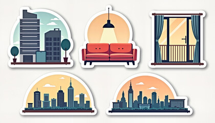 Fototapeta premium Real estate sticker set with skyline, apartment, sofa, and balcony