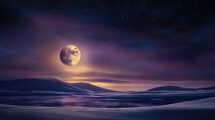   A stunning image featuring a full moon illuminating a serene mountain landscape, framed by a tranquil body of water The background showcases another majestic mountain range, emphasizing