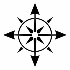 black and white compass with four arrows pointing to north, south, east and west. The arrows are in the shape of a triangle and the compass has a circle around the center point. vector illustration