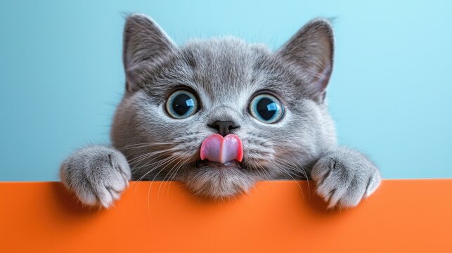 Playful gray kitten peeking over a colorful surface