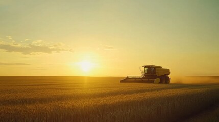 Fototapeta premium Combine harvester harvesting wheat field at sunset. Combine harvester working on a wheat field during sunset.