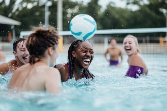 Diverse group of young adults laughing and playing with a ball in a pool
