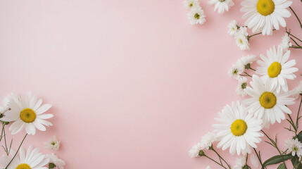 Fototapeta premium Elegant pink background with white flowers in the corners, creating a minimalist and stylish design. Perfect for a web banner with ample copy space on the right side.