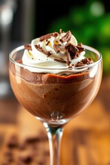 Decadent dessert: Layers of rich chocolate mousse topped with fresh whipped cream and dark chocolate shavings.