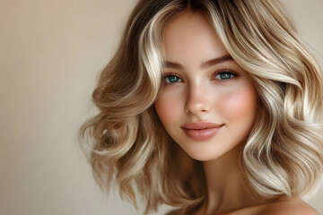 Beautiful blonde model girl with medium length curly hair . Smiling woman hairstyle wavy curls . Hair coloring balayage and shatush.Hair care and hair coloring. Fashion , beauty and makeup .