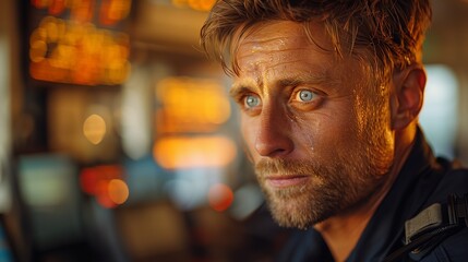 A focused man with blonde hair and beard monitoring equipment intently in a dimly lit ship control room with glowing screens