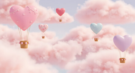 Adorable pink heart shaped hot air balloons floating in a dreamy pastel on transparent background