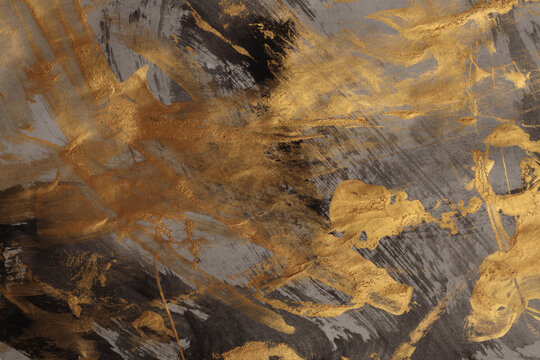 Black, gold grunge Ink watercolor brush stroke painting smear blot. Abstract grunge stain on wet gray craft paper background. - Powered by Adobe