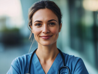 A confident female nurse in blue scrubs smiles warmly in a bright hospital setting. Represents trust, professionalism, and compassion in healthcare