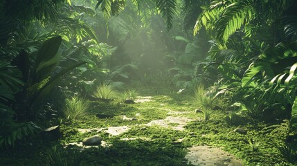 Lush green forest pathway illuminated by soft sunlight filtering through dense foliage during the quiet morning hours