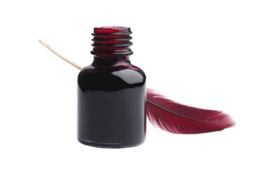 A vintage ink bottle paired with a deep red feather quill evokes creative inspiration and nostalgia isolated on transparent background