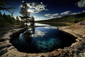 Fototapeta premium Serene night landscape with reflective pool and forest under starry sky