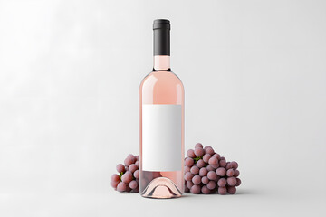 Rose wine bottle with a blank white label, set against two bunches of purple grapes on a white background. Modern minimalist product display.