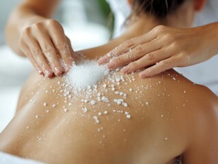 Hands giving a body salt scrub, luxurious spa treatment for relaxation and skin care. Exfoliating therapy.
