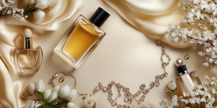 luxurious beauty postcard, elegant postcard design with classic salon inspiration, soft lighting, silk textures, and nail polish, jewelry, perfume ideal for a congratulatory message