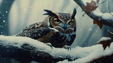 Obraz premium An owl perched atop a snow-covered tree branch amidst a forest blanketed in white
