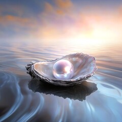 beautiful pearl is nestled in an open shell on a beach, glowing with silver light and sparkling. Pastel background, soft lighting
