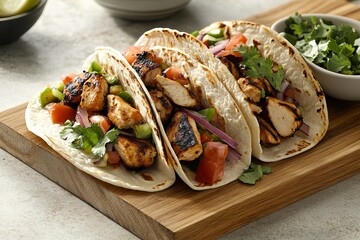 Delicious Grilled Chicken Tacos with Fresh Salsa Ingredients Wooden Board Background Mexican Food Recipe Tasty Summer Lunch Dinner Meal dish spicy    