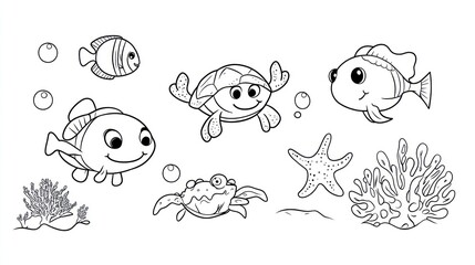 Cartoon sea creatures underwater scene, coloring book, kids