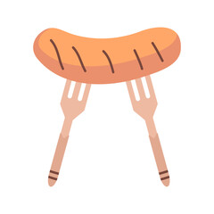 Grilled sausage with two forks. Grilled sausage, fast food, appetizer. Vector illustration on a white background. A design element for a menu, a party, a flyer, or a print on clothes.