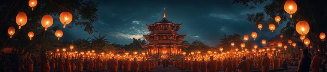 Fototapeta premium Serene Temple Ceremony with Monks and Lanterns Illuminating the Night Sky. Generative AI