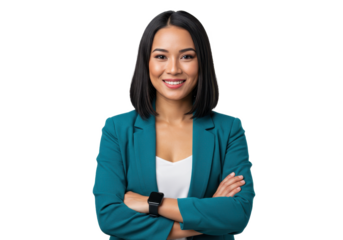 A confident woman with straight black hair stands with her arms crossed smiling warmly isolated on transparent background