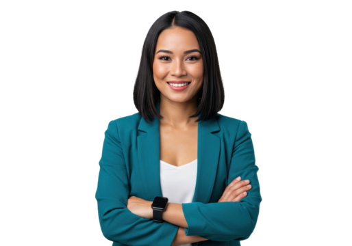 A confident woman with straight black hair stands with her arms crossed smiling warmly isolated on transparent background