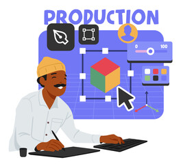 Production stage of video game development process scene with experienced artist engaged in work