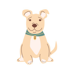 Obraz premium Vector illustration of a domestic dog, a happy dog in a collar and bandana, sitting and smiling. A friendly dog, man best friend. For postcards, pet supplies logos, and dog products design.