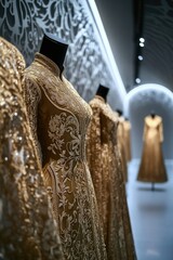 Obraz premium Collection of ornate gold and sequin-embellished bridal gowns on display at an exhibition.