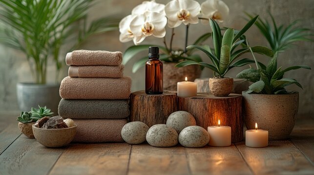 Spa towels, essential oil, candles, plants, zen decor