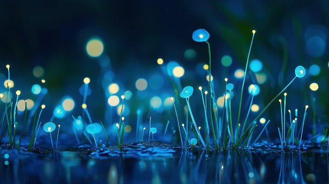   Close-up photo of water surface with grass sprouting from it and numerous water bubbles on top