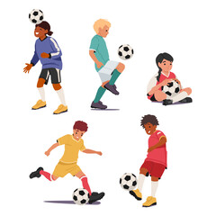 School football club little participants children soccer player cartoon characters enjoying training