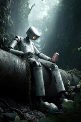 Lonely robot sitting in forest holding beverage bottle in serene nature scene