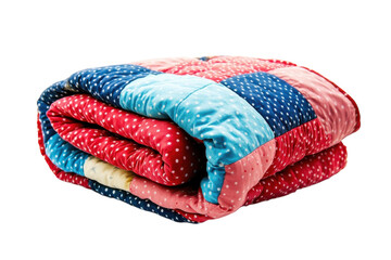 Cozy patchwork quilt in vibrant colors resting on a clean white surface ready for chilly evenings isolated on transparent background