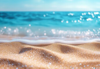 Obraz premium Tranquil Beach Scene with Gentle Waves and Soft Sand Illuminated by Sunlight in a Colorful Coastal Environment During a Serene Day by the Ocean