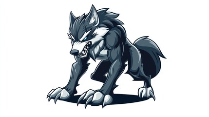 Fototapeta premium Cartoon werewolf, aggressive pose, isolated, digital art